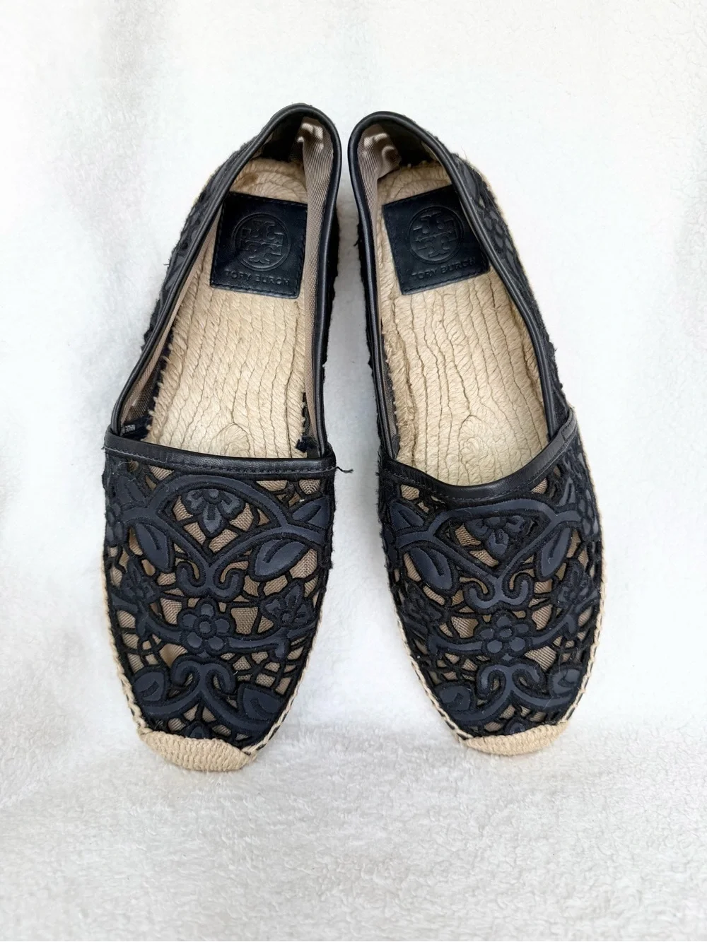Tory Burch Black Cotton Lace and Leather Jackie Espadrilles 10.5